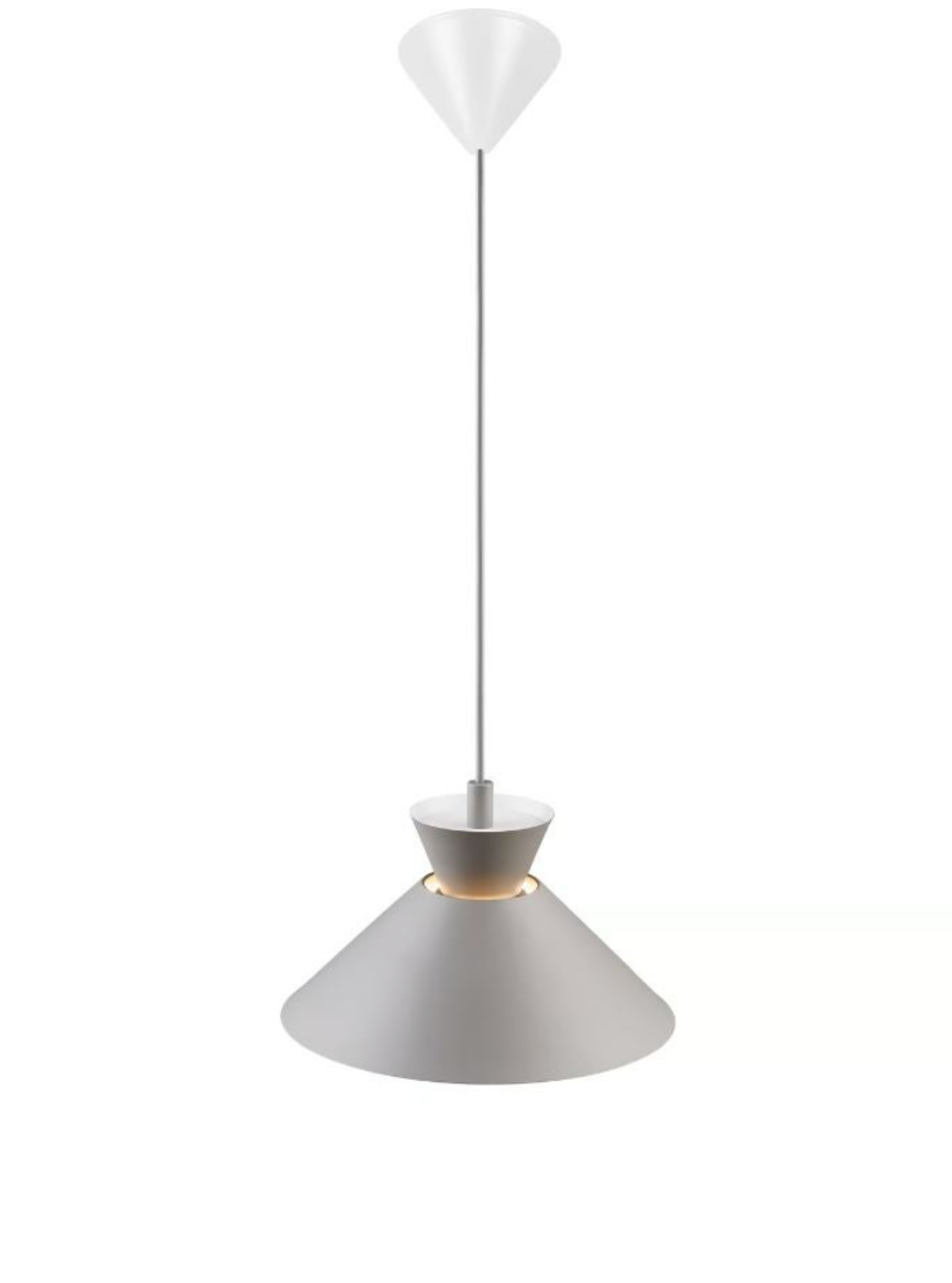 Pendant light with white shade and gray base on a white background