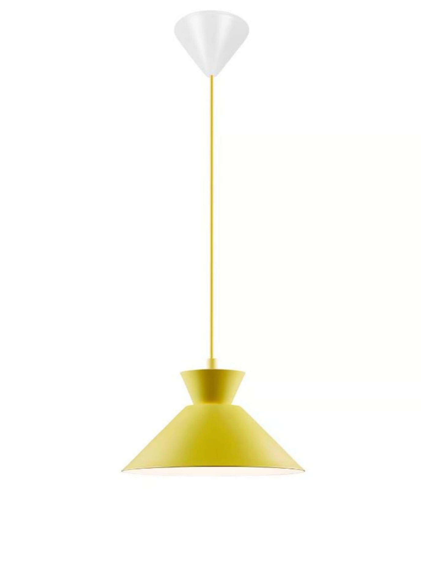 Yellow pendant lamp with white top on a white background