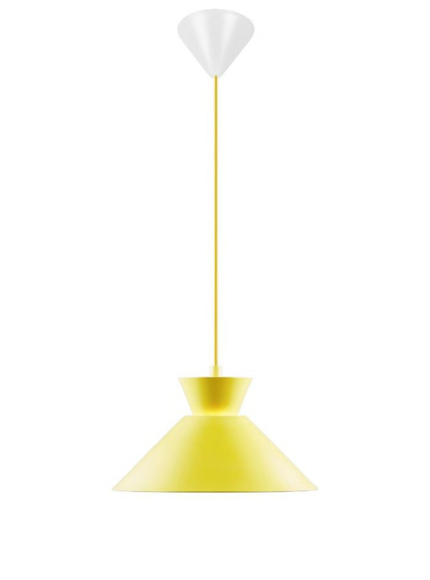 Yellow pendant lamp with white top on a white background