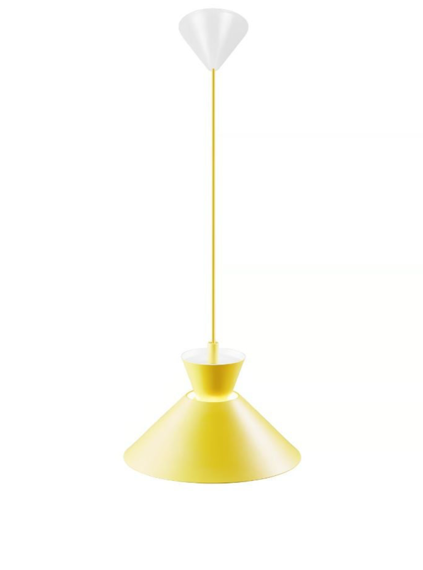Yellow pendant lamp with white shade on a white background