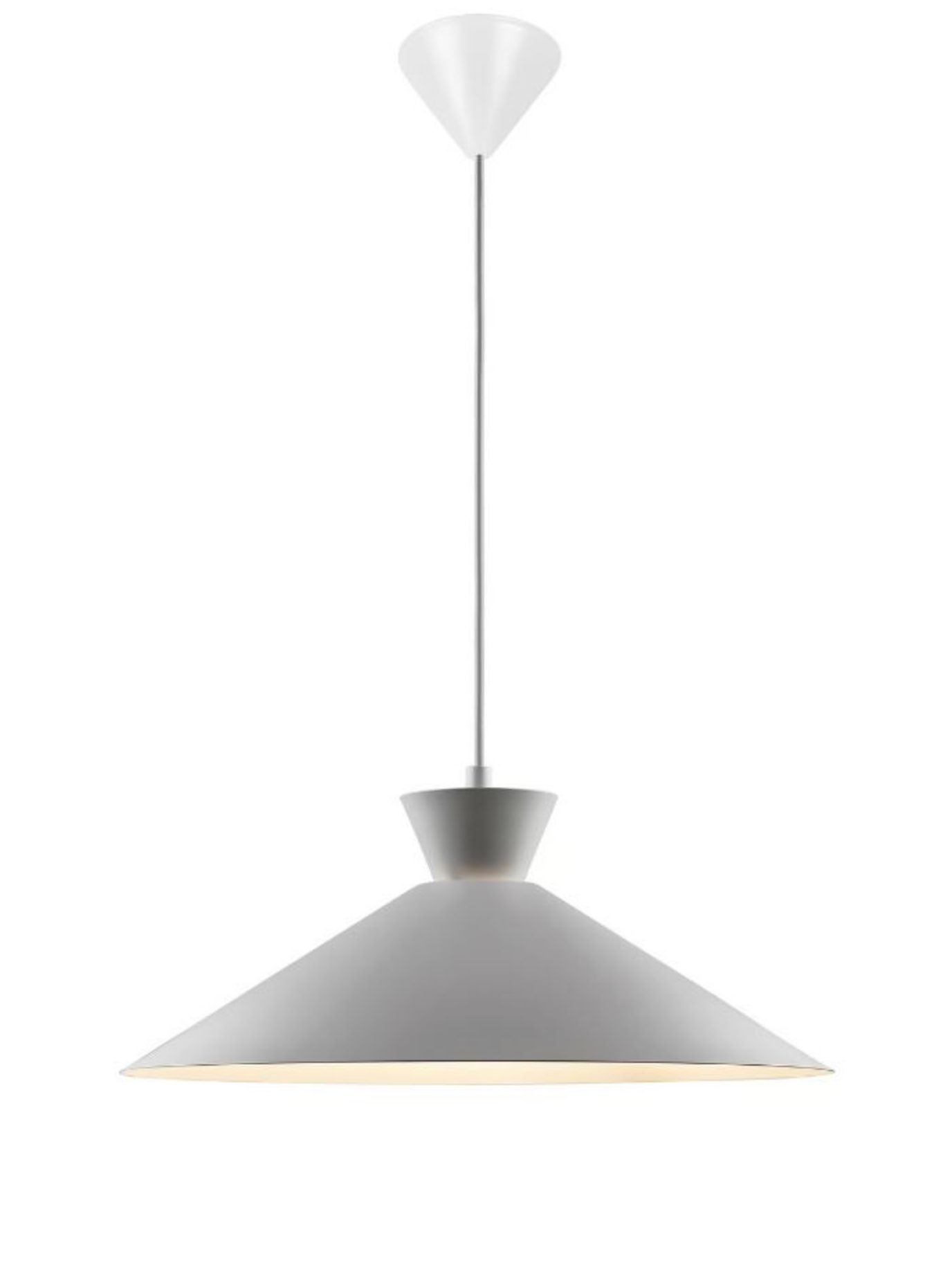 Pendant light with gray shade and white top on a white background
