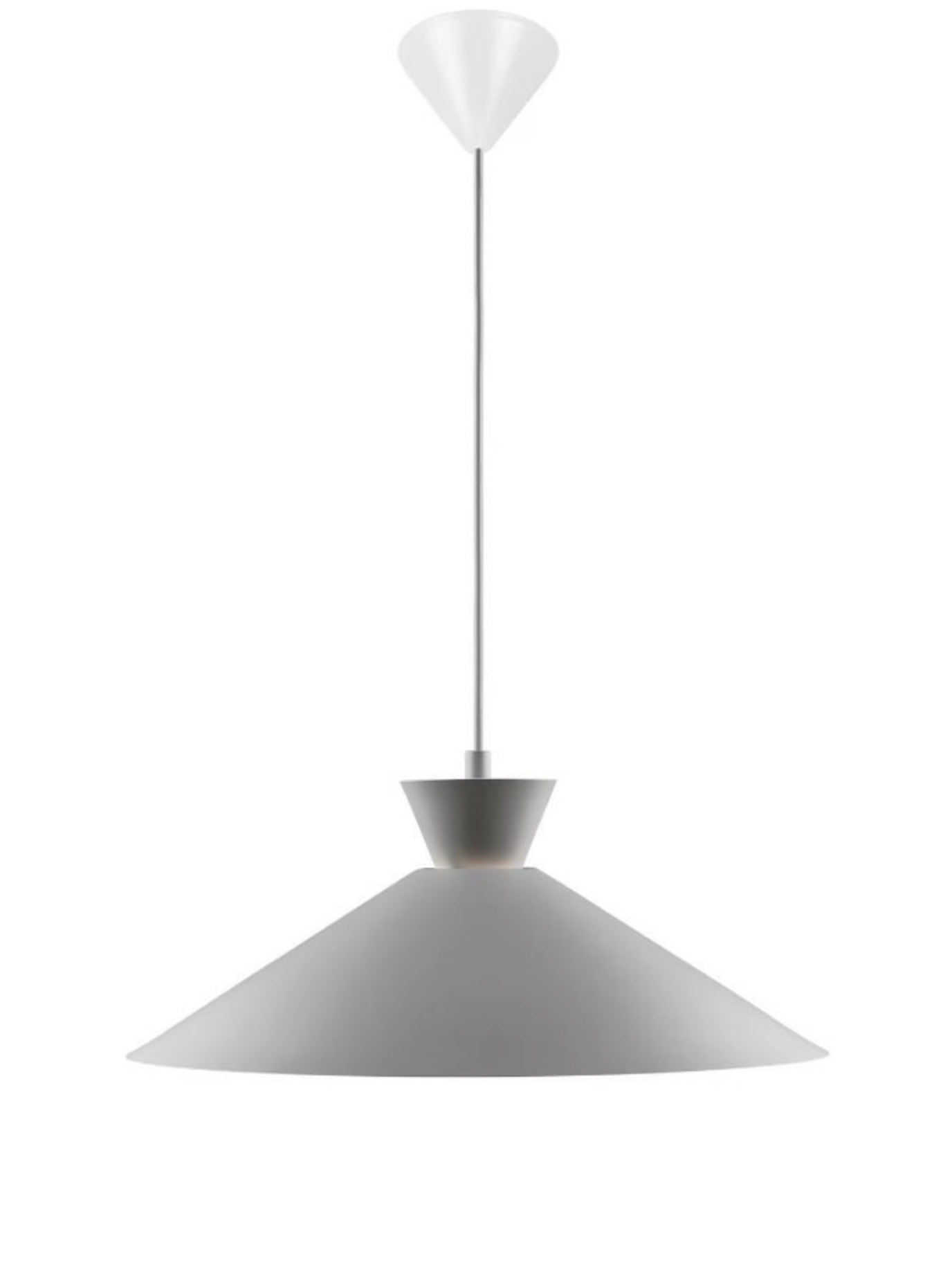 Pendant light with a white top and gray bottom on a white background