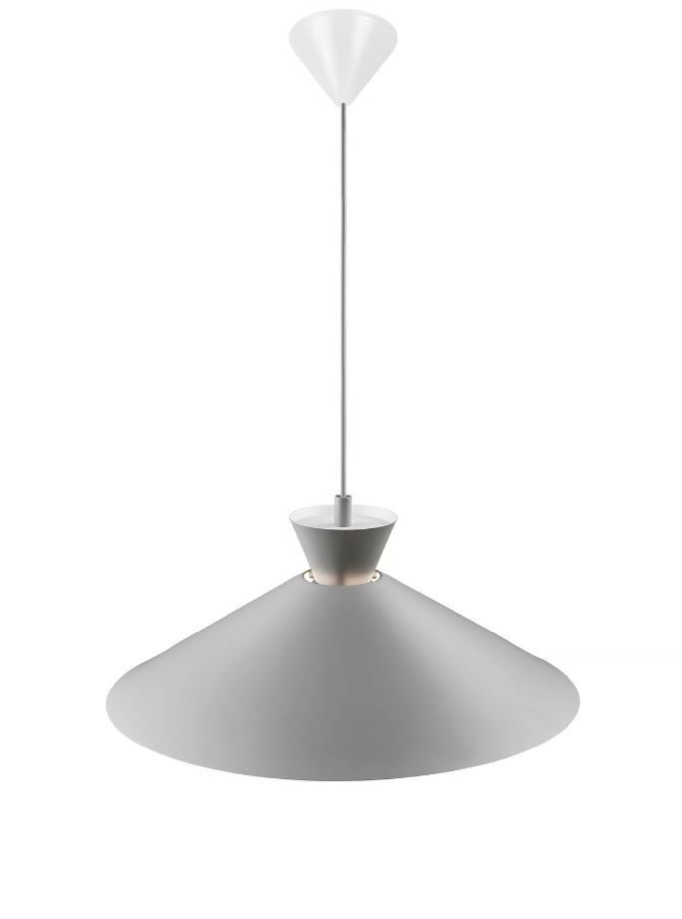Pendant light with a white shade and gray base on a white background