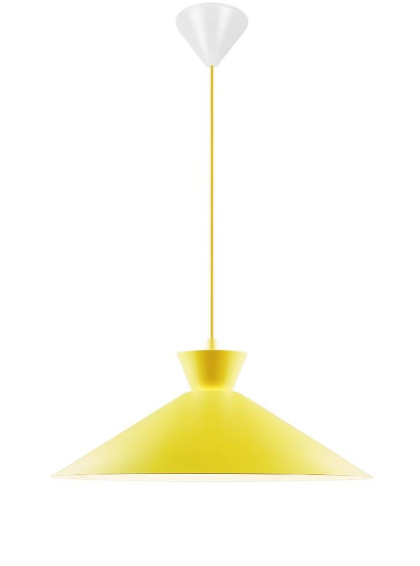 Yellow pendant lamp with white top on a white background