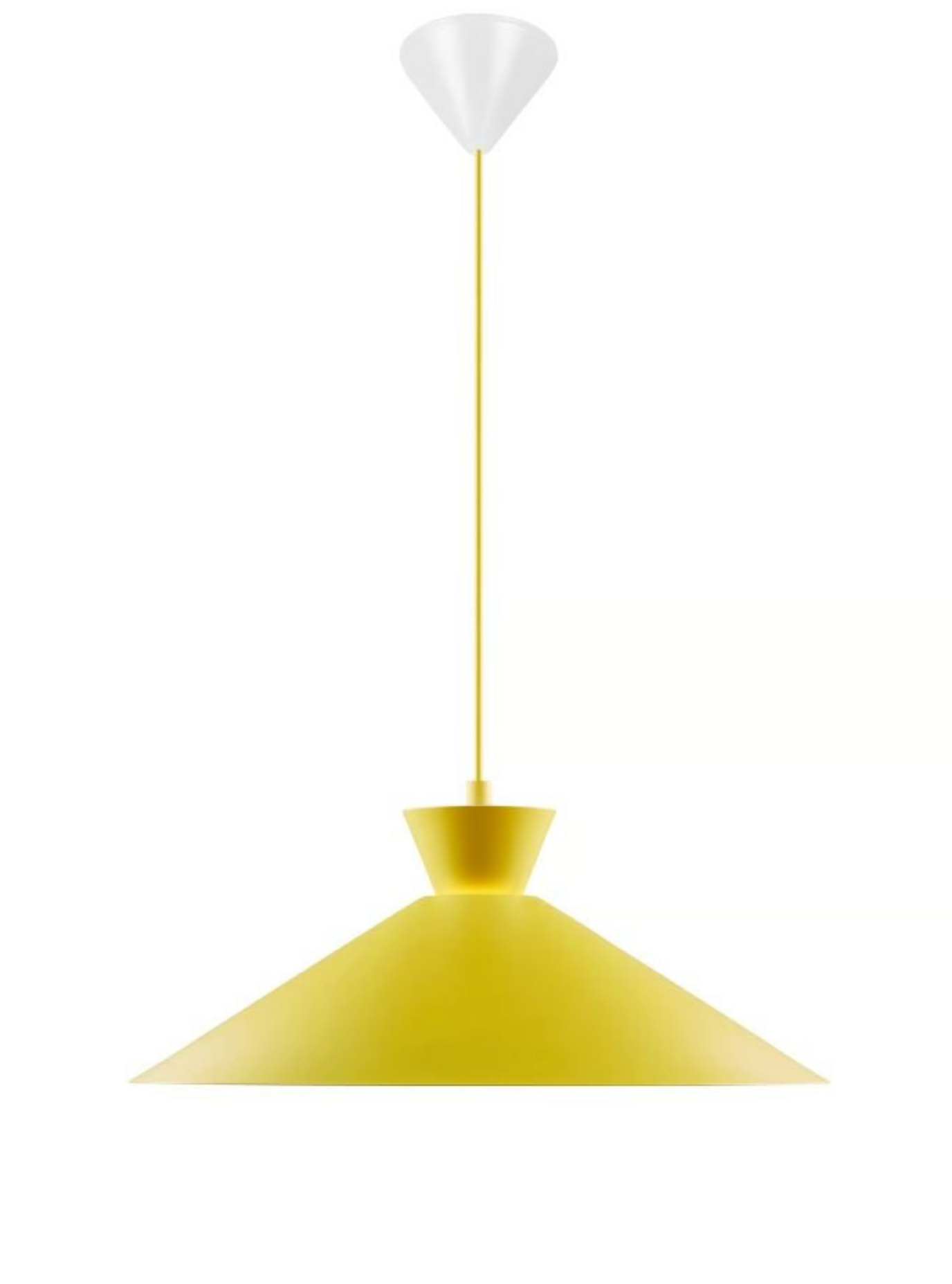 Yellow pendant lamp with white top on a white background