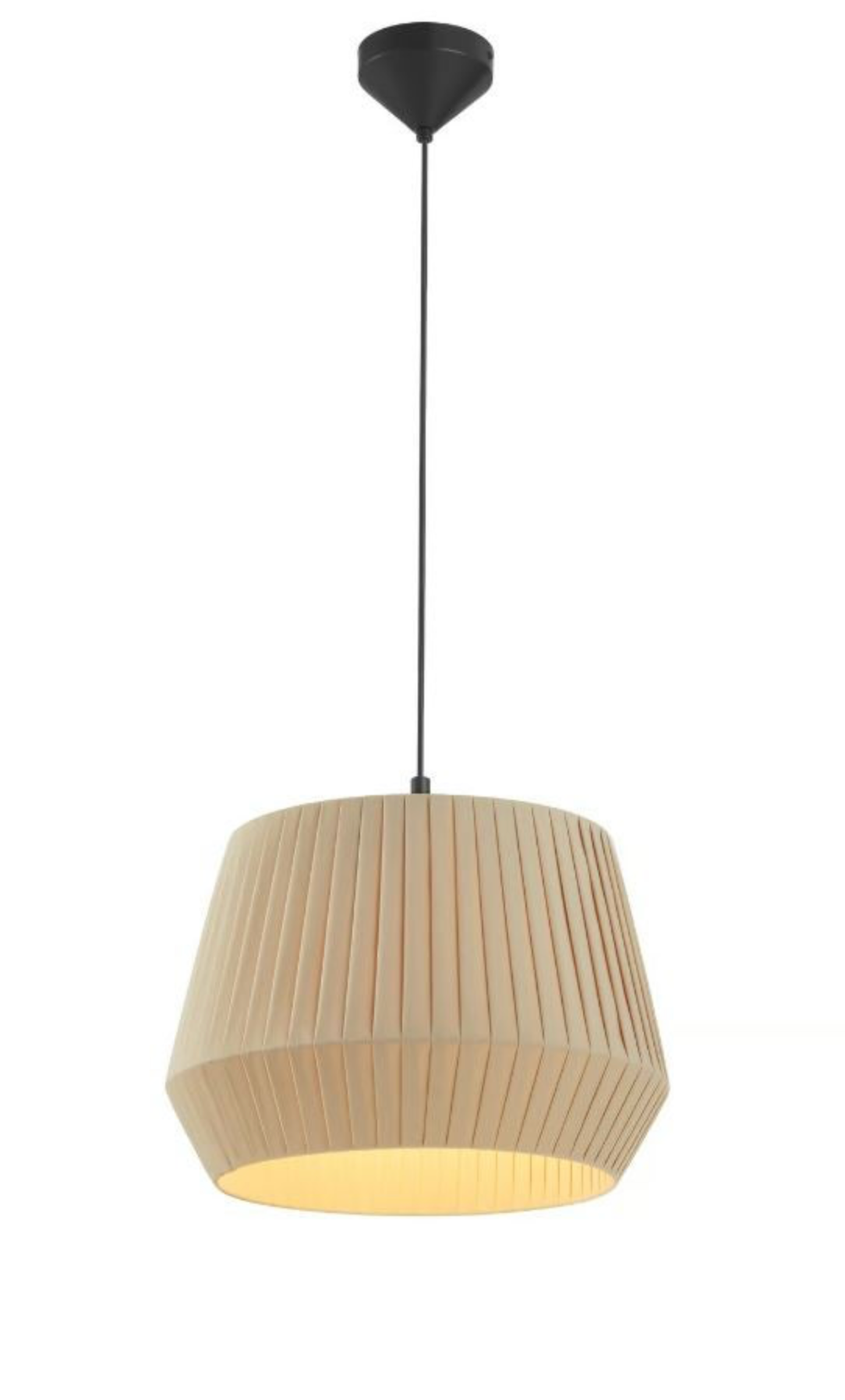 Beige pendant light with black fixture on a white background
