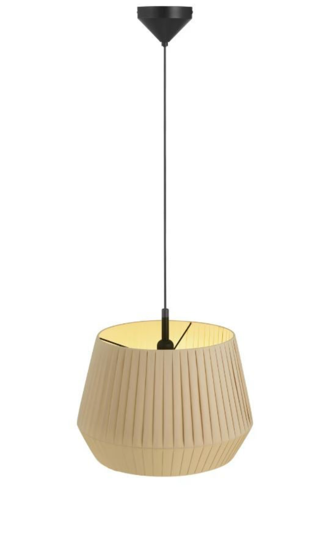 Beige pendant lamp with a black hanging fixture on a white background