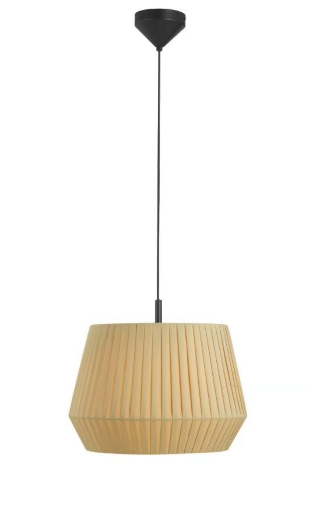 Beige pendant lamp with ribbed design on a white background