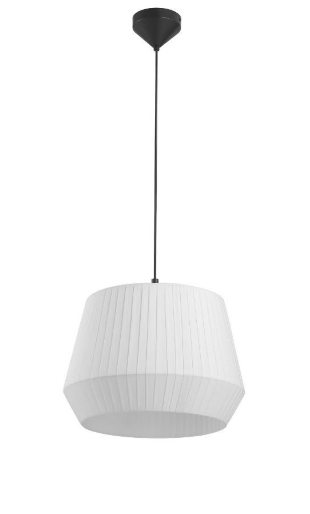 White pendant light with black fixture on a white background