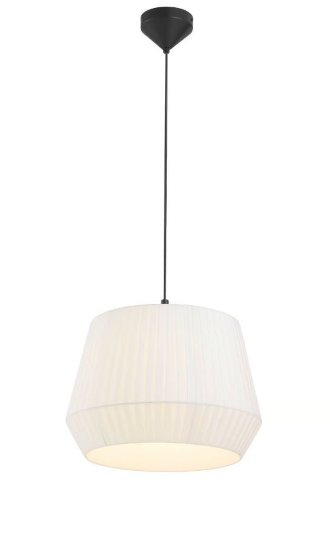 White pendant light with black hanging fixture on a white background