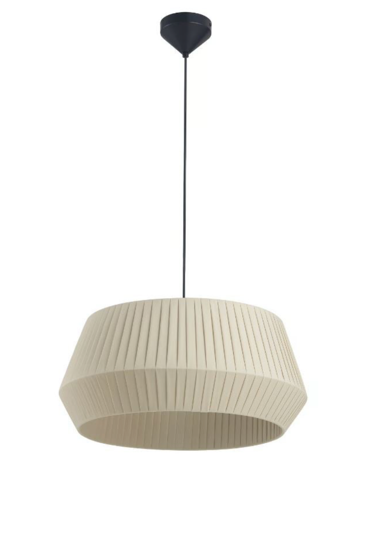 Beige pendant light with black fixture on a white background