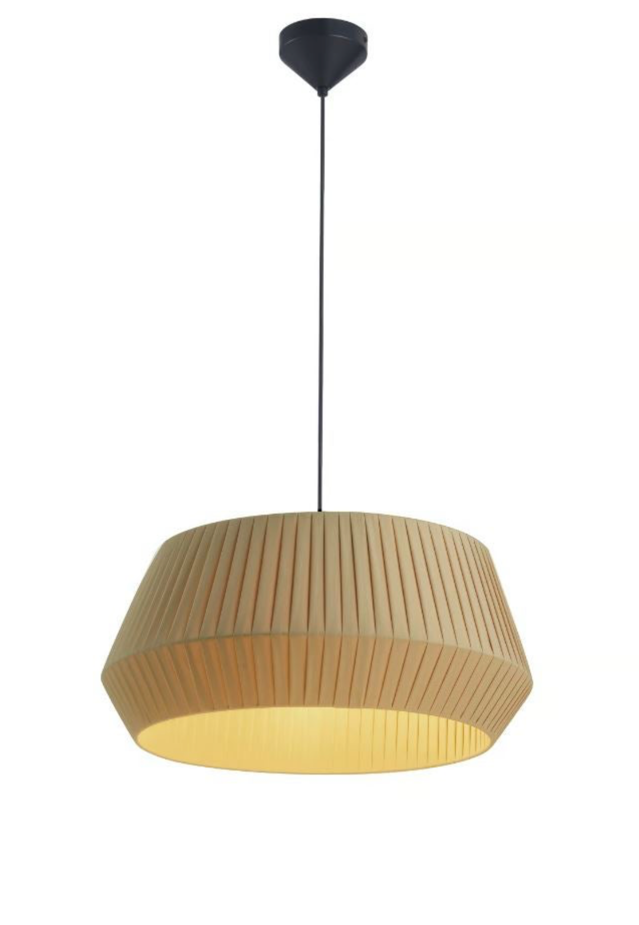 Beige pendant light with ribbed design on a white background