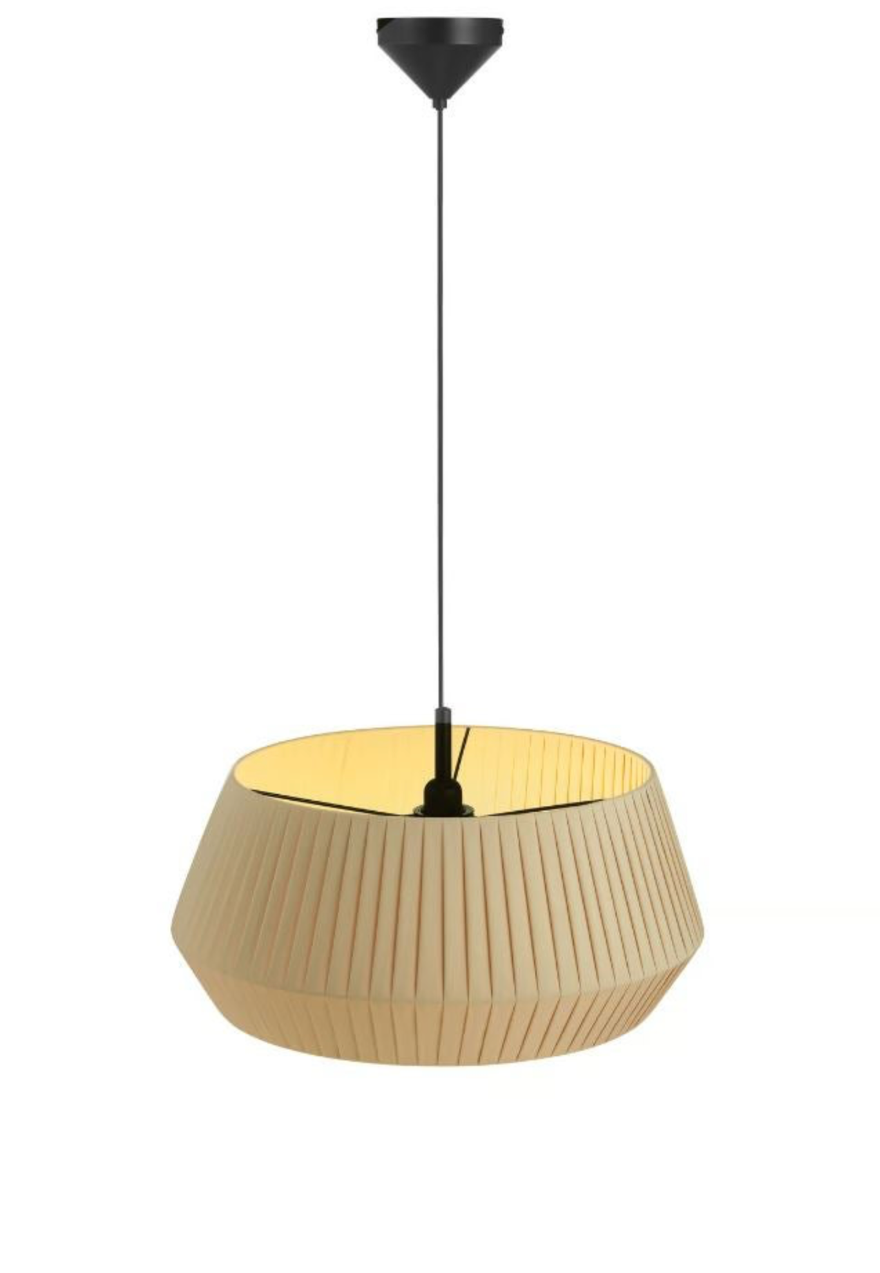 Beige pendant lamp with black fixture on a white background