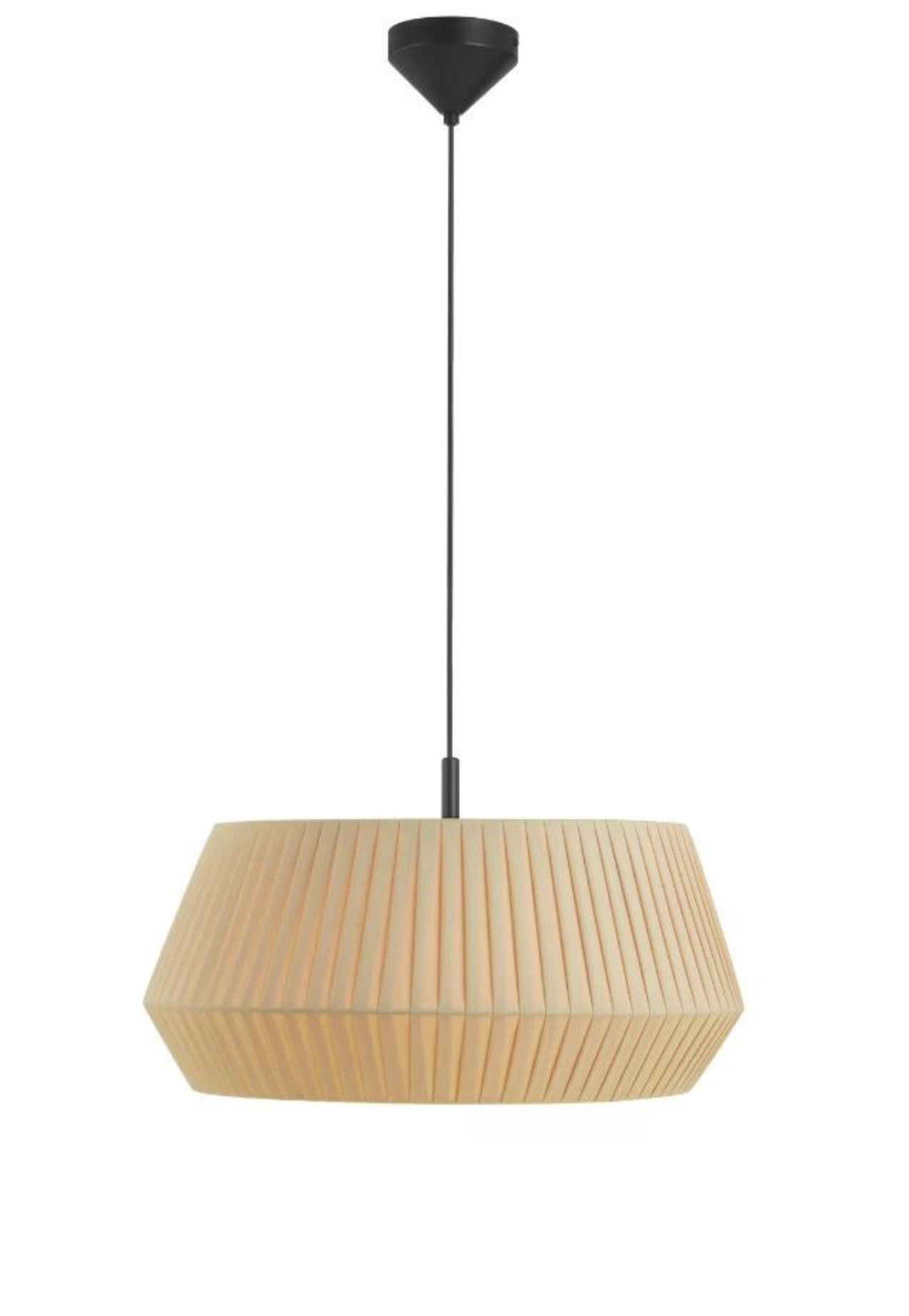 Beige pendant lamp with black hanging fixture on a white background