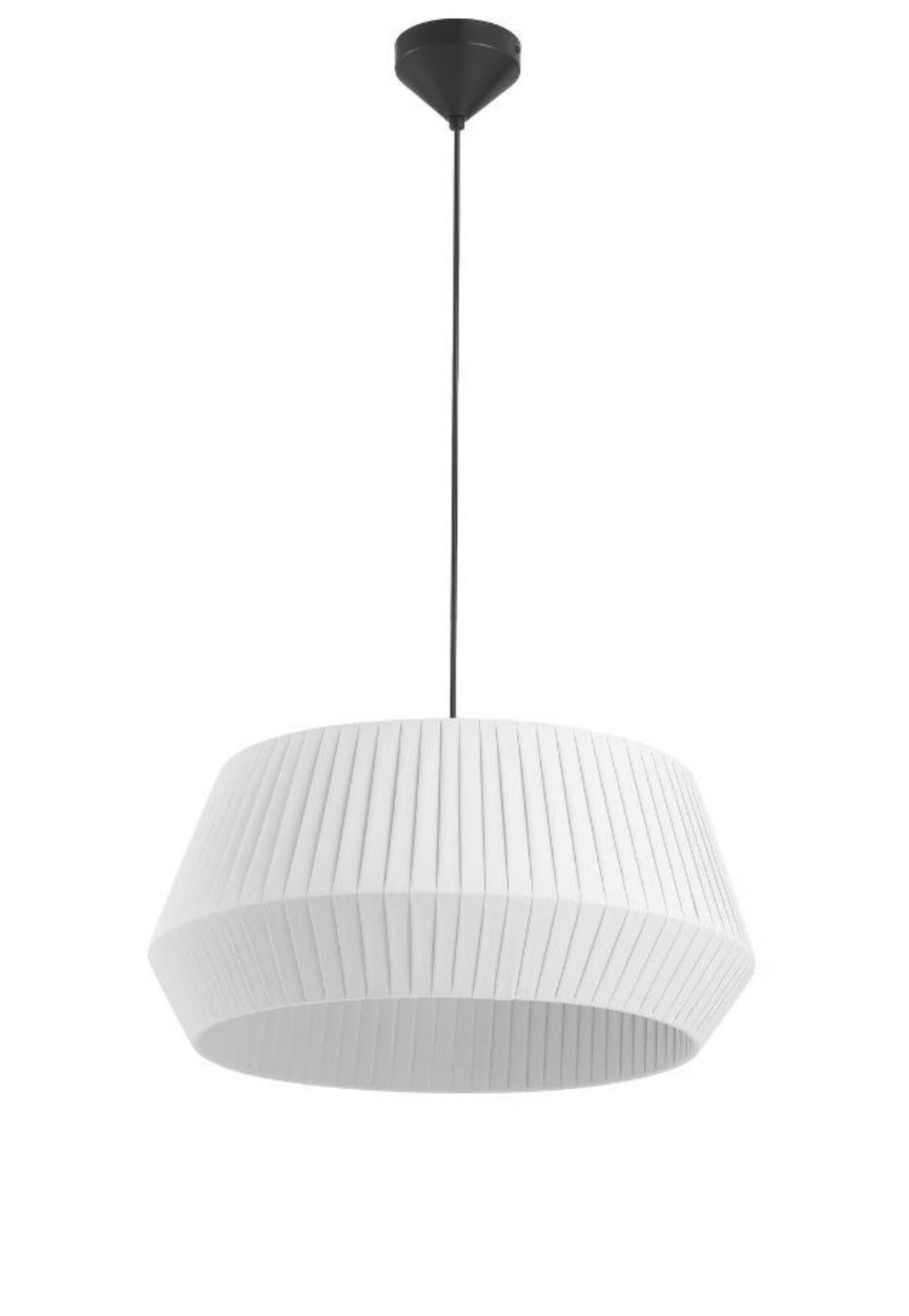 White pendant light with black fixture on a white background