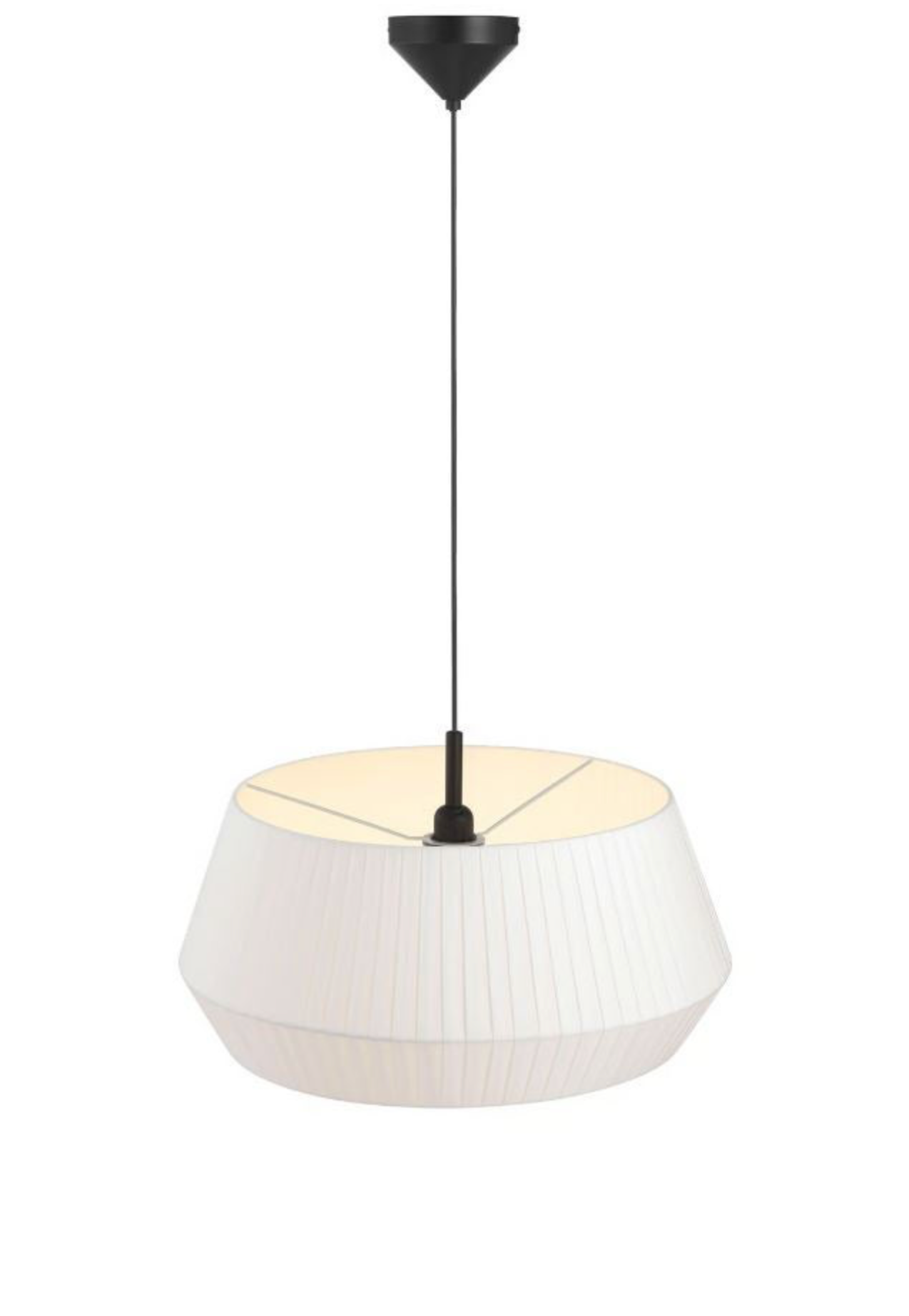 White pendant light with black fixture on a white background