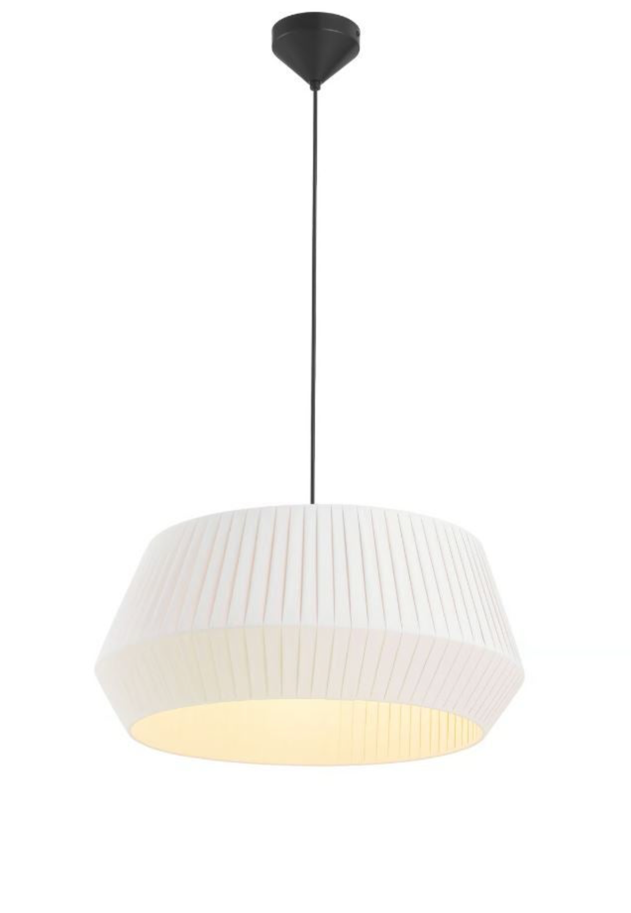 White pendant light with a black cord on a white background