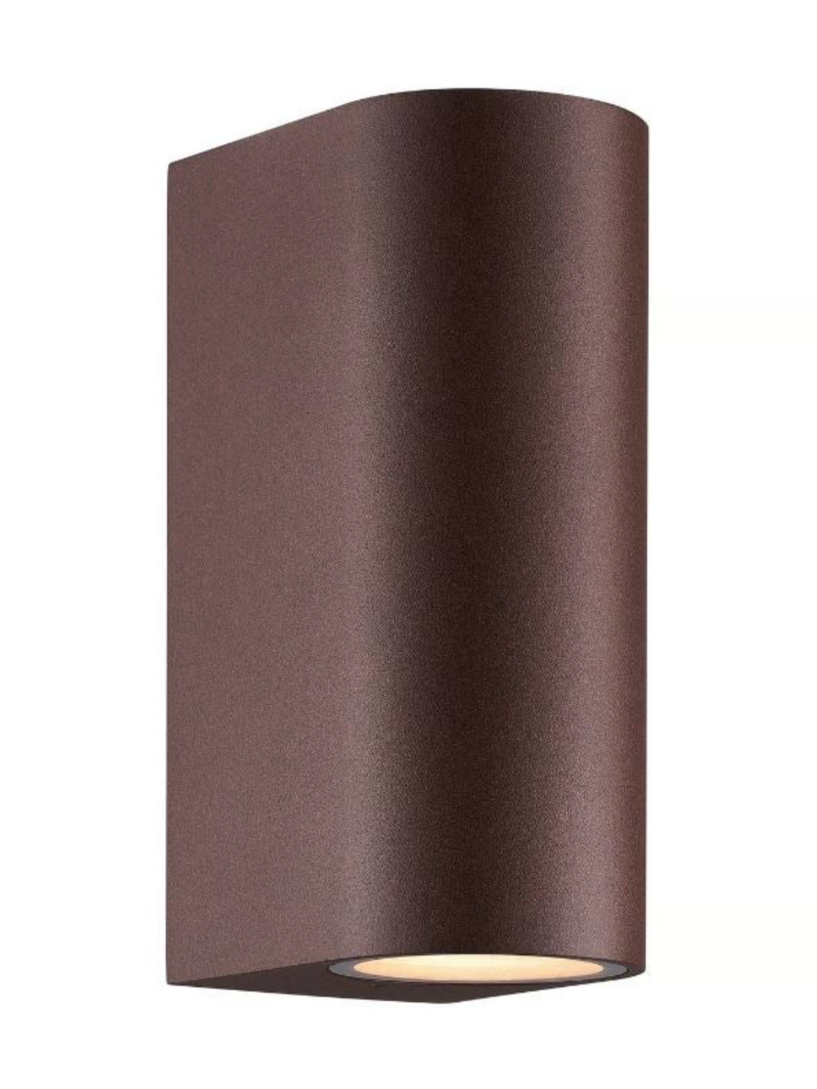 Brown cylindrical wall light fixture on a white background