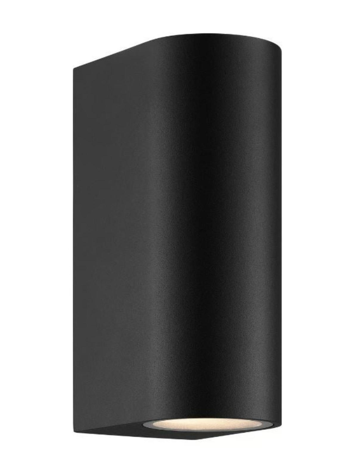 Black cylindrical wall light fixture on a white background