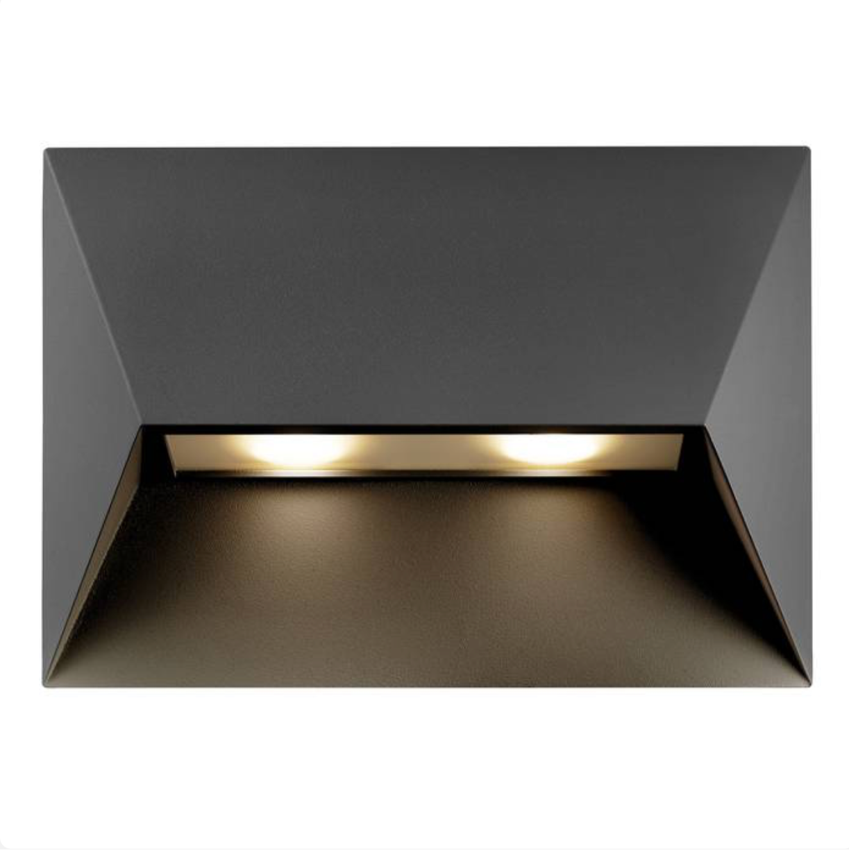 Modern wall-mounted outdoor light fixture with a geometric design on a white background