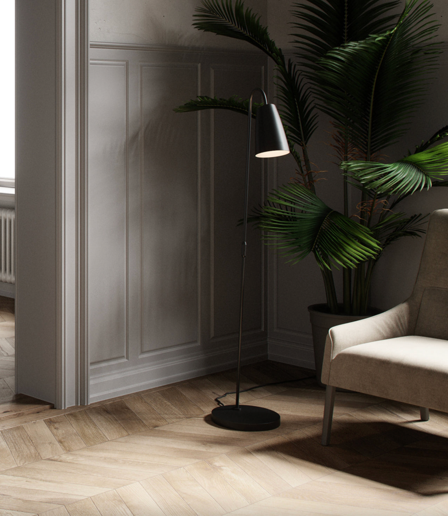 Modern interior with a black floor lamp, plant, and beige armchair.