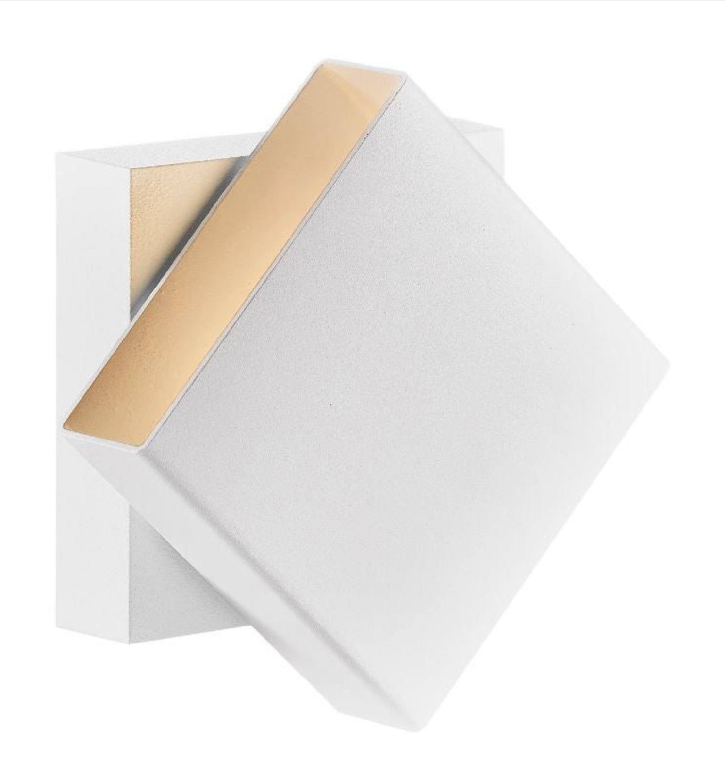 White wall light fixture with a warm accent light on a white background