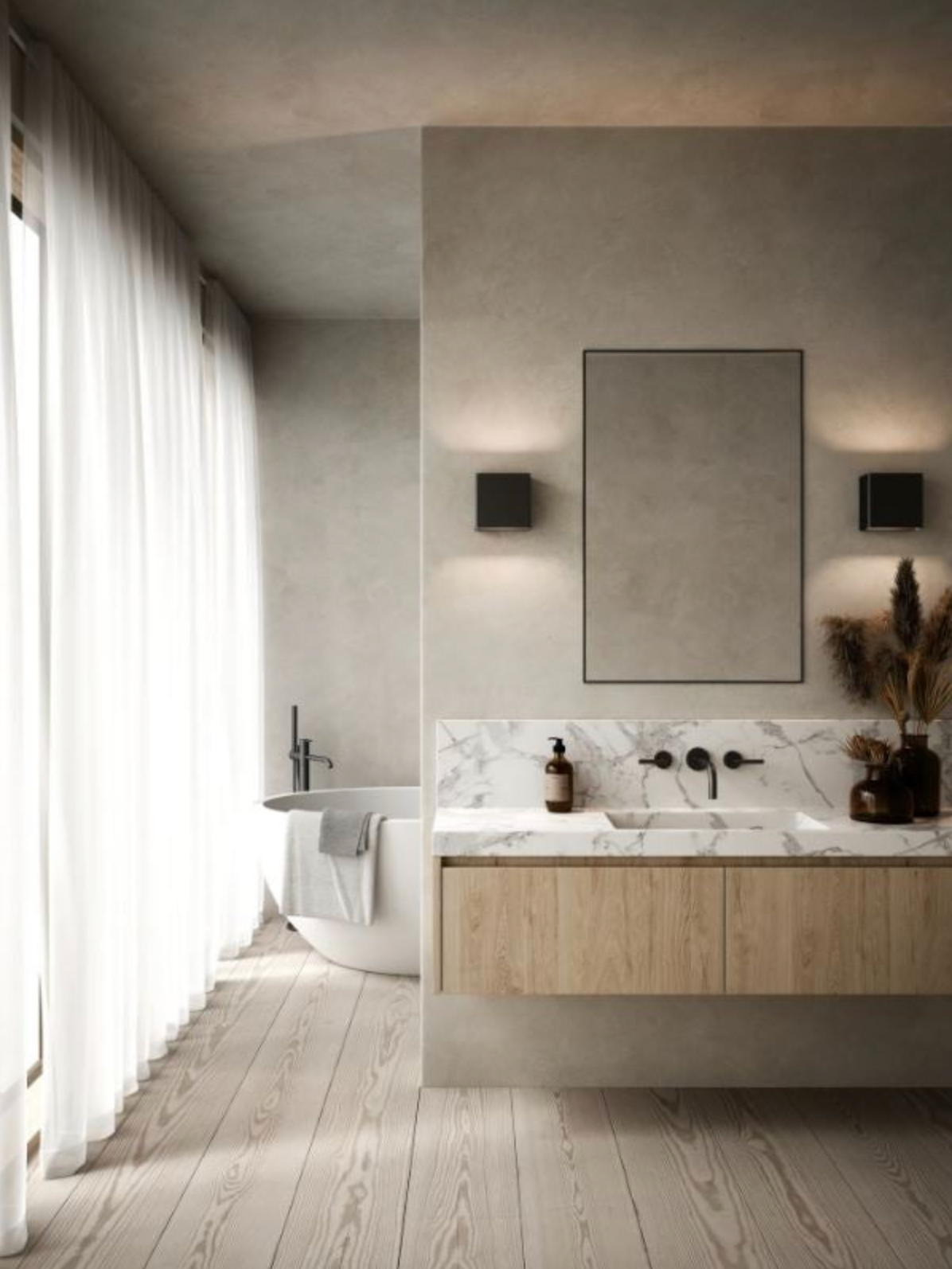 Modern bathroom with a bathtub, sink, and mirror.