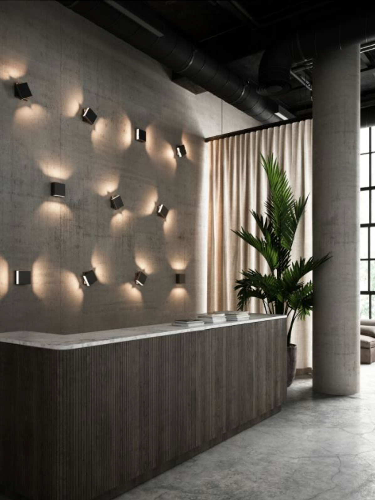 Modern interior design with concrete walls, a large window, and decorative lighting.