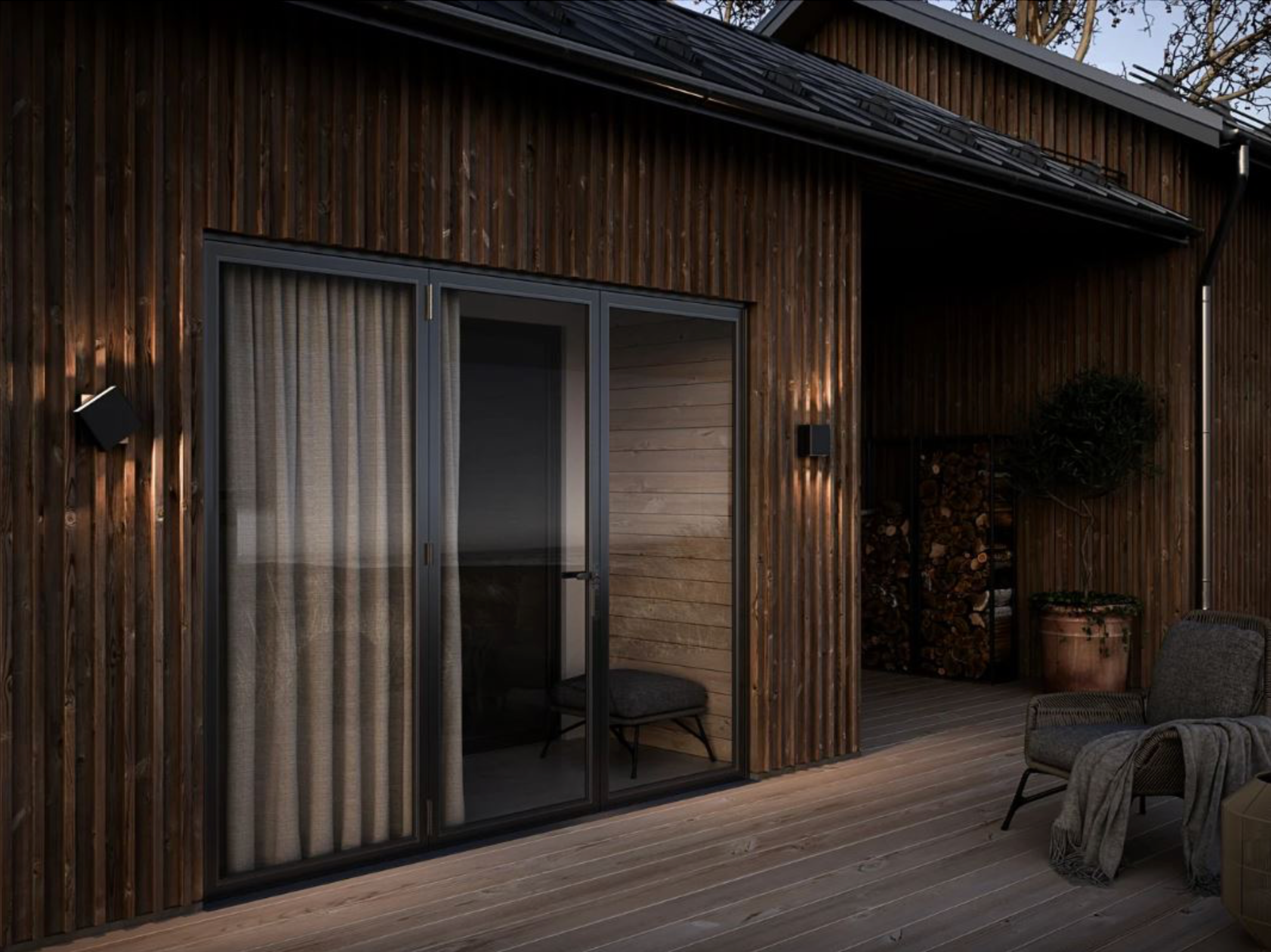 Wooden cabin exterior with sliding glass door and outdoor furniture