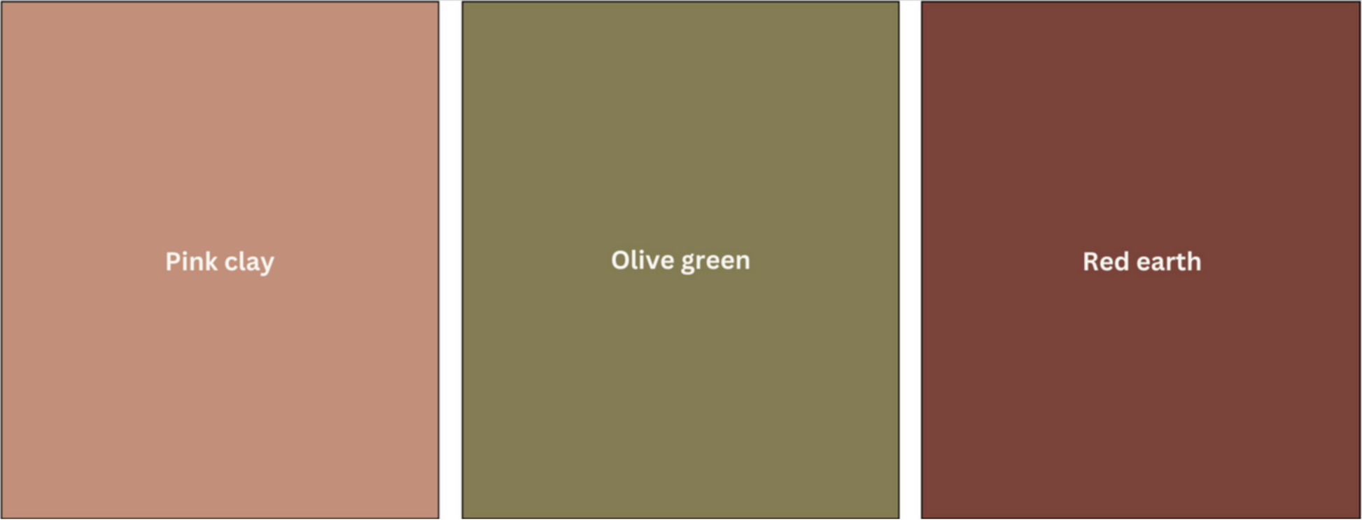 Three color swatches labeled 'Pink clay', 'Olive green', and 'Red earth' on a white background.