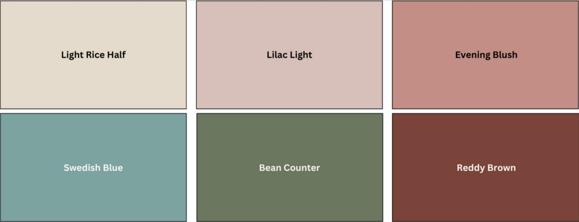 Colour swatches labeled with names such as Light Rice Half, Lilac Light, Evening Blush, Swedish Blue, Bean Counter, and Reddy Brown.