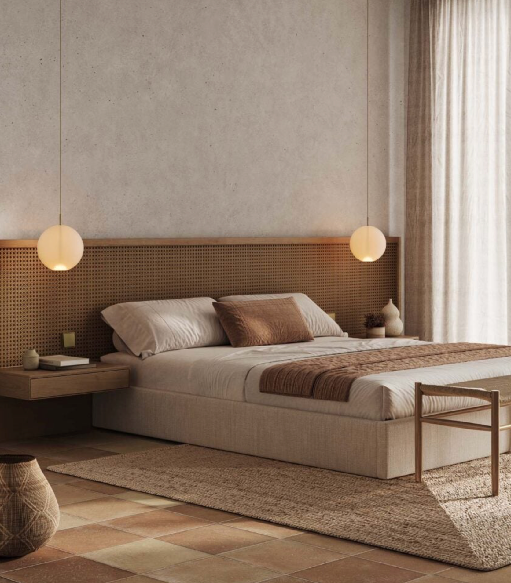 Modern bedroom with a bed, side tables, and glass pendant lights.