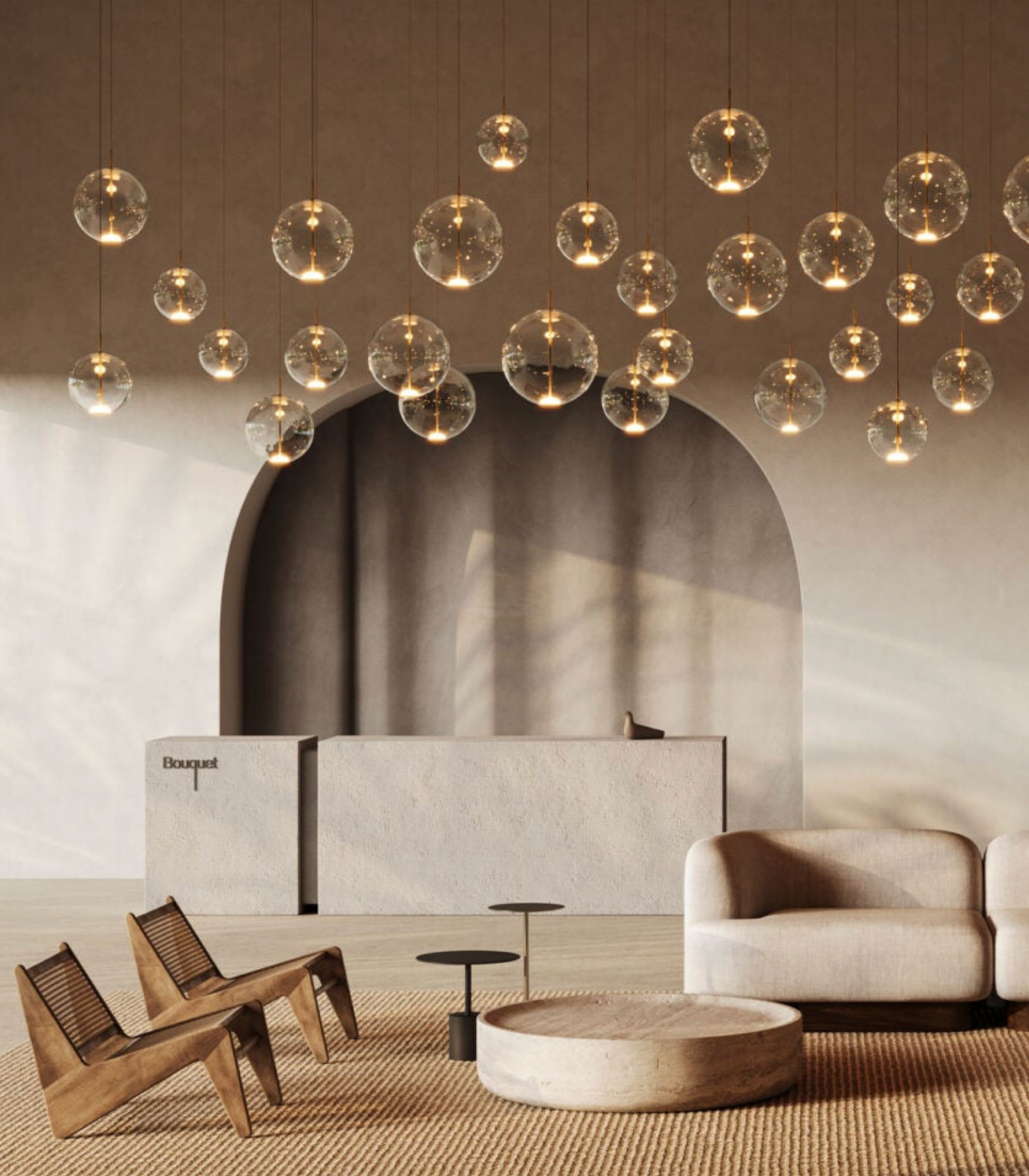 Modern interior design with glass bubble pendant lights, a sofa, and chairs.