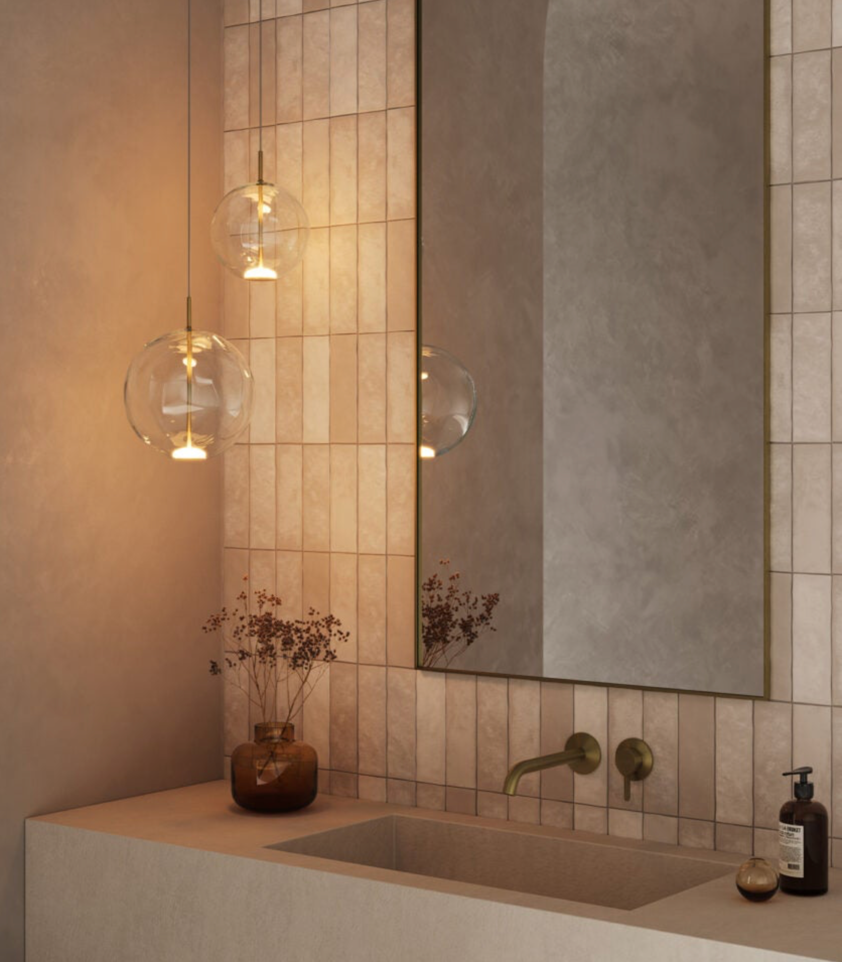 Modern bathroom with tiled walls, a sink, and decorative glass pendant lights.