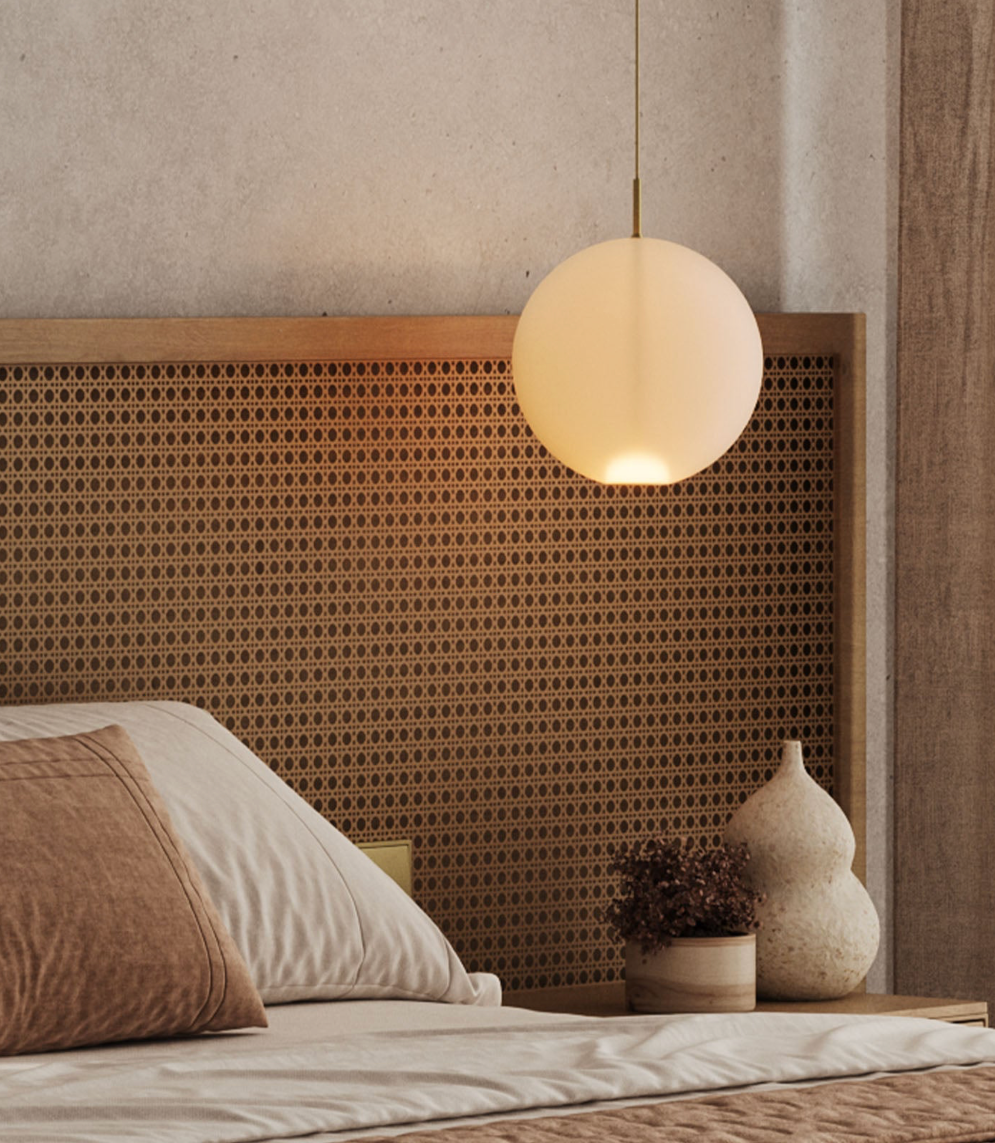 Modern bedroom with a textured headboard, glass pendant light, and decorative items.