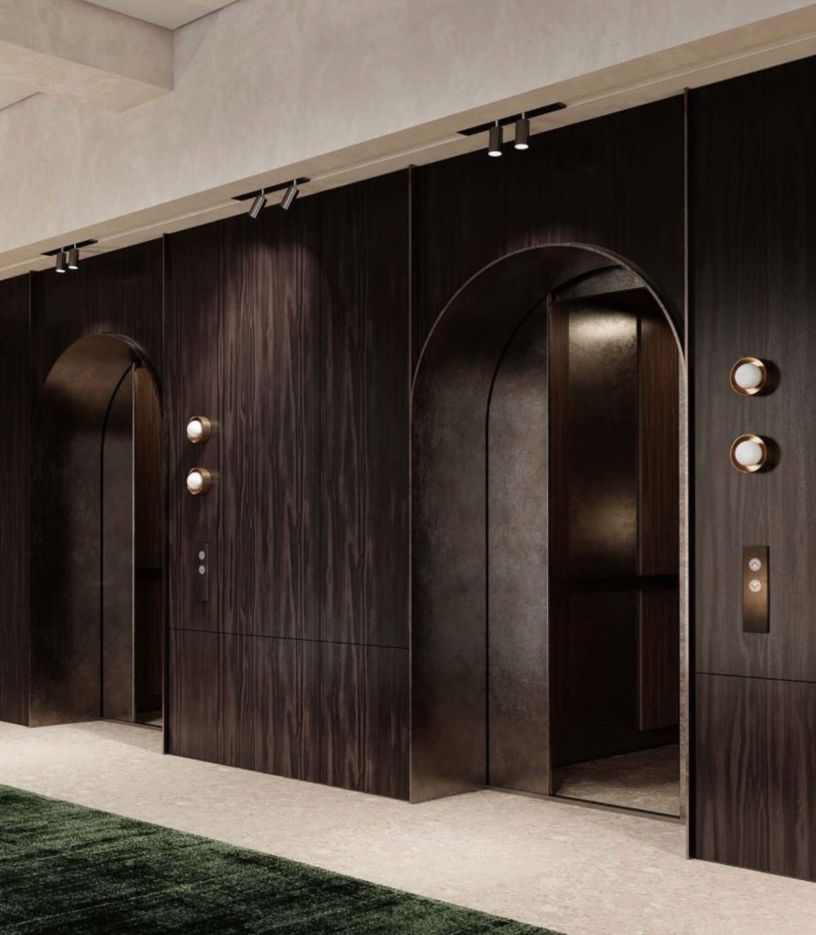 Modern interior with dark wooden doors and arches.