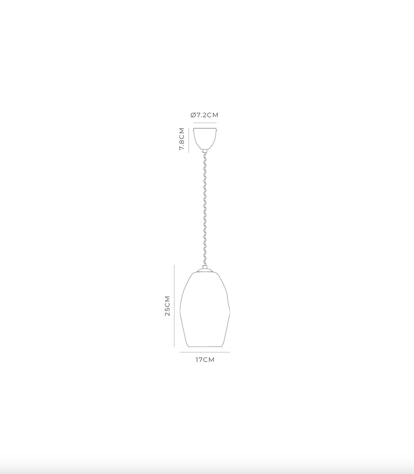Measurement chart of a pendant light with dimensions in centimeters on a white background