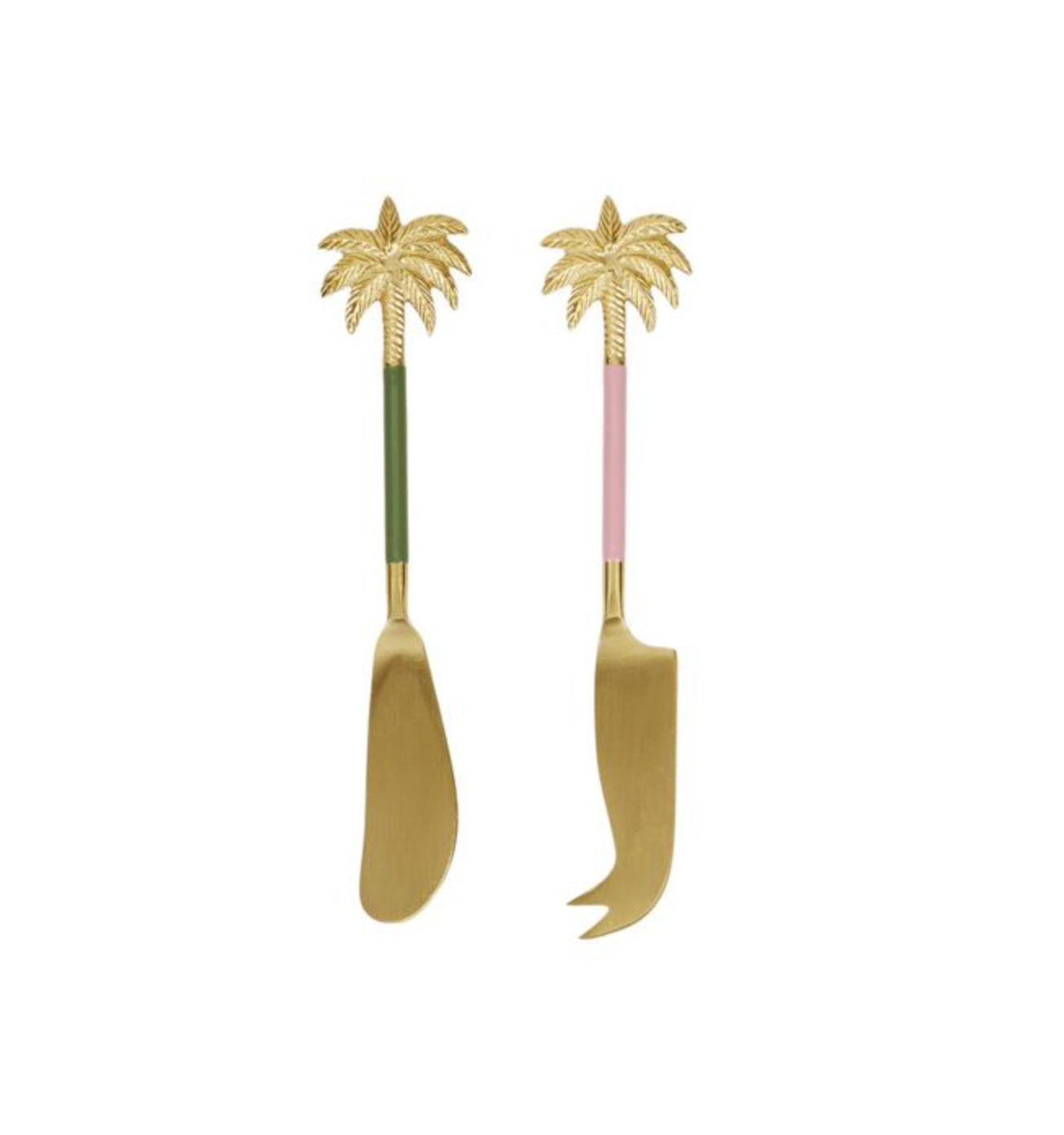 Two palm tree-themed butter knives on a white background