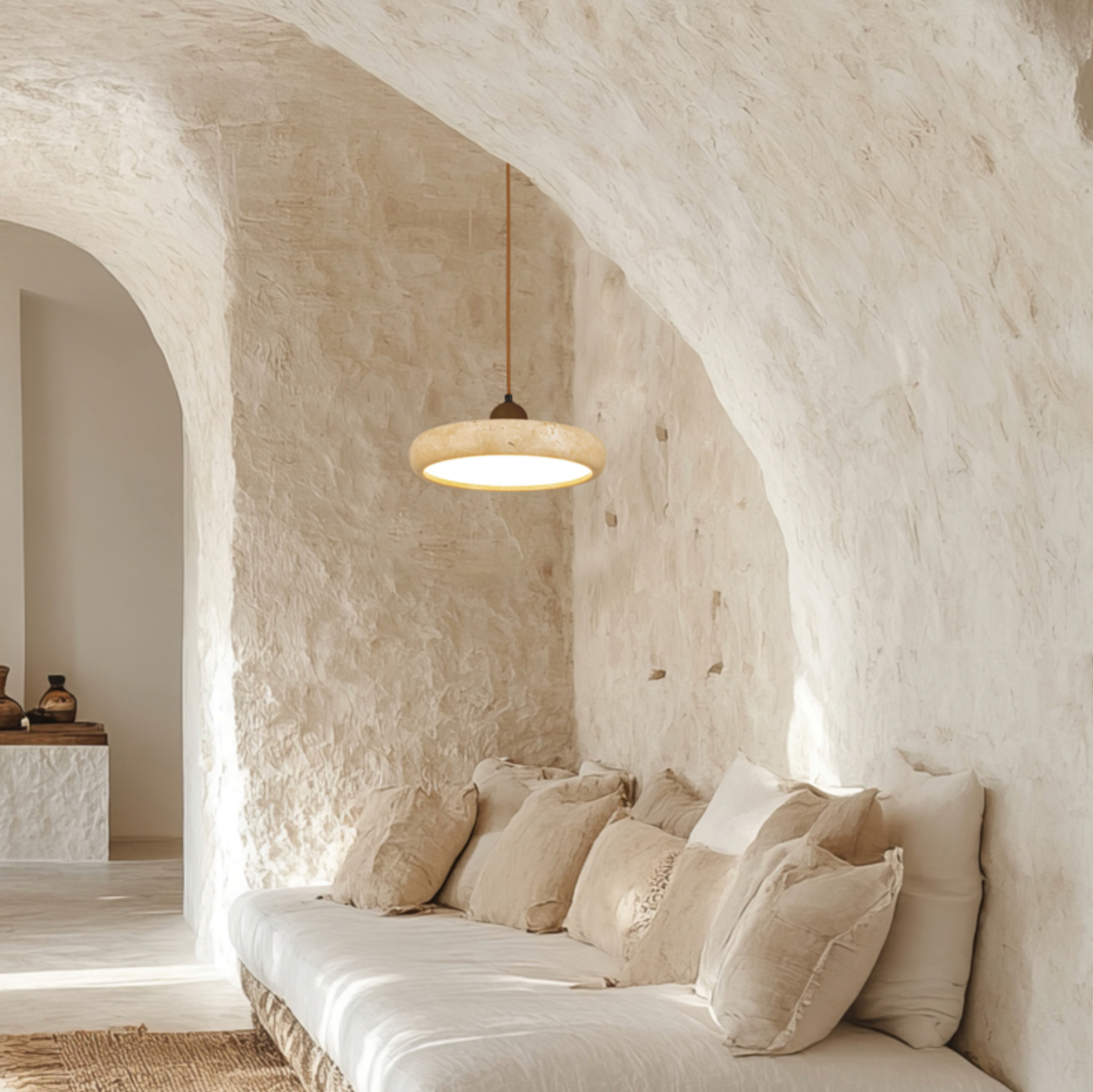 Cozy living room with stone walls, a white sofa, and a pendant light.