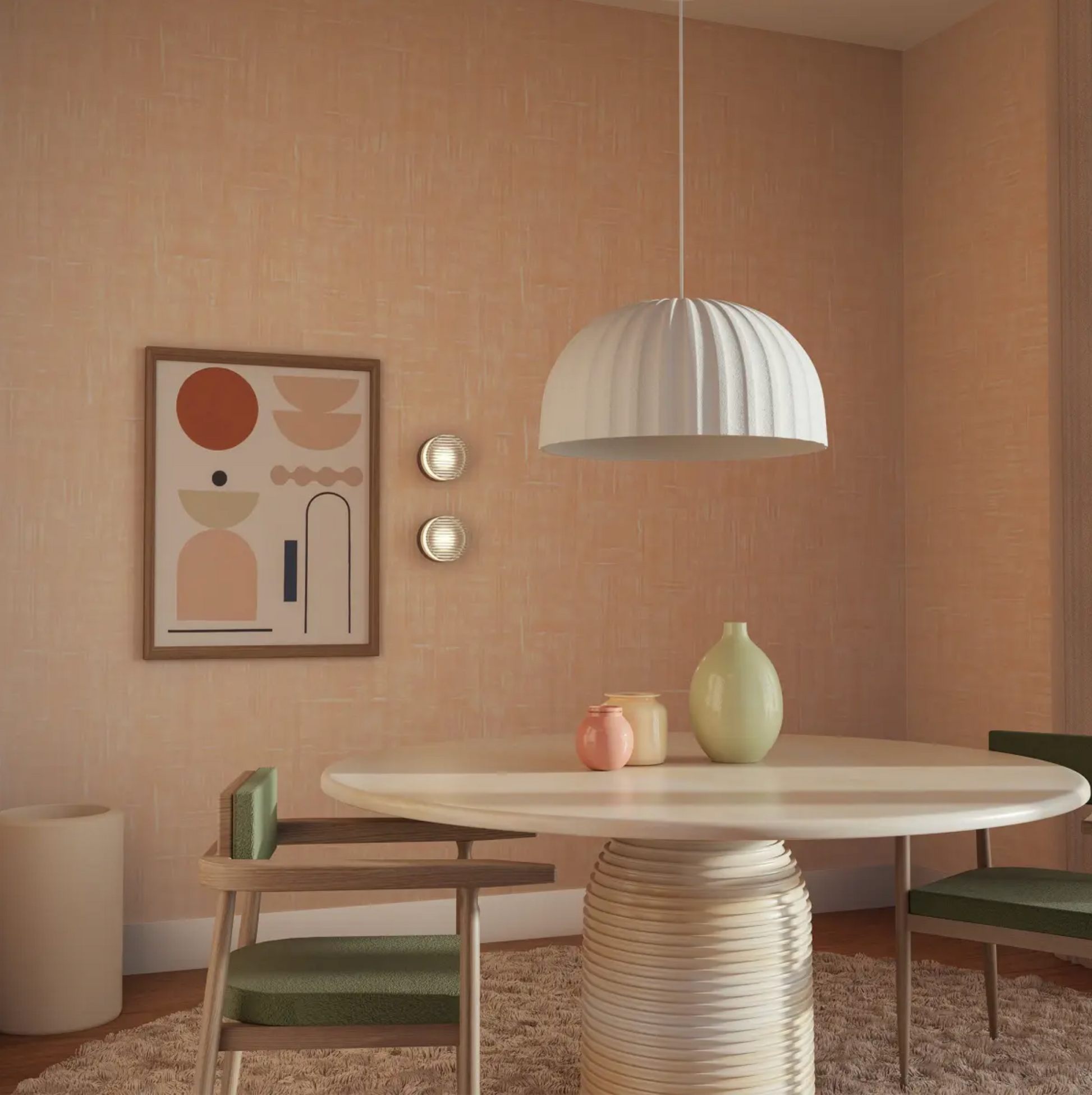Modern dining room with a white pendant light, round table, and abstract wall art.