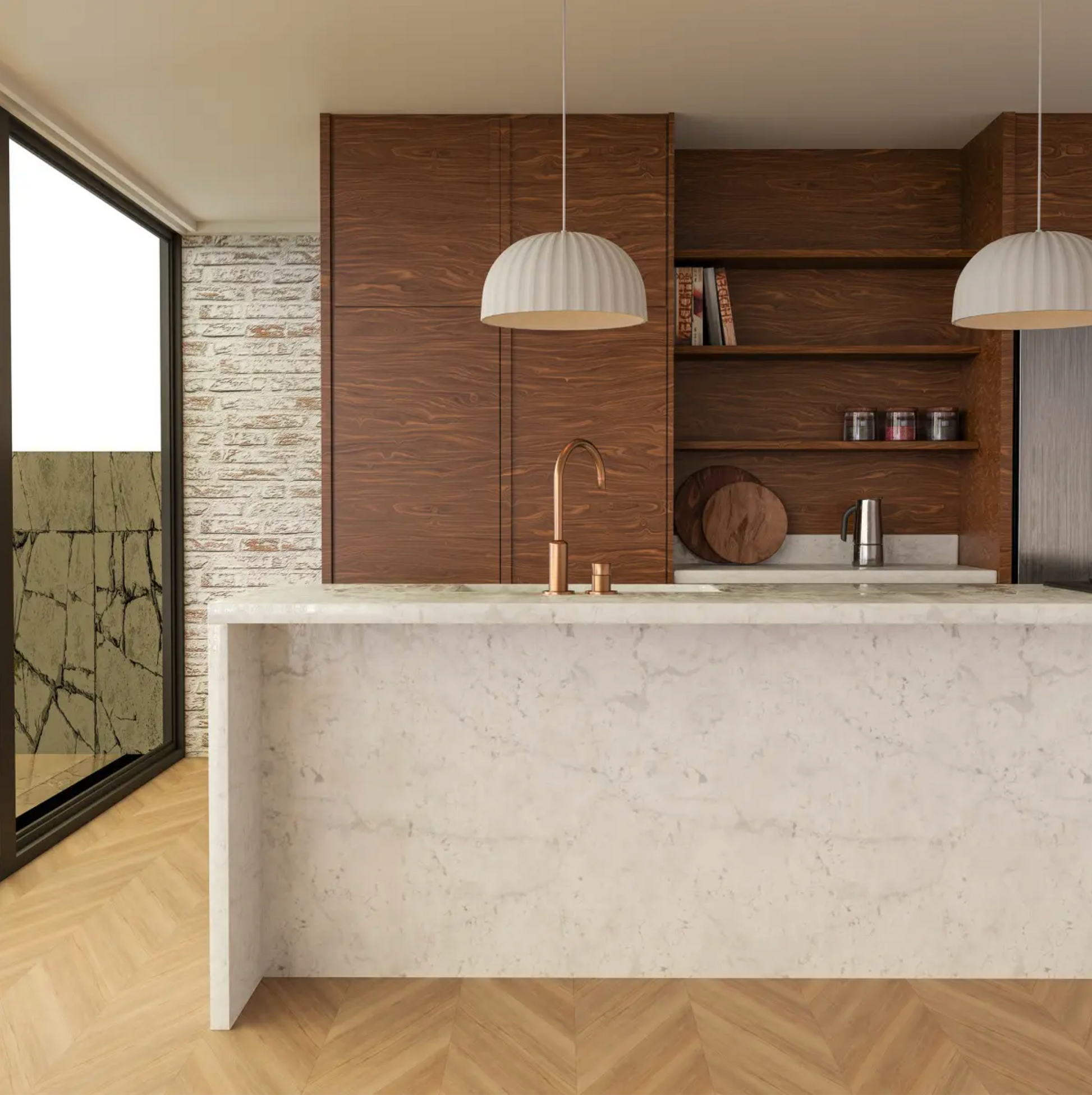 Modern kitchen with wooden cabinets, marble countertop, and pendant lights.