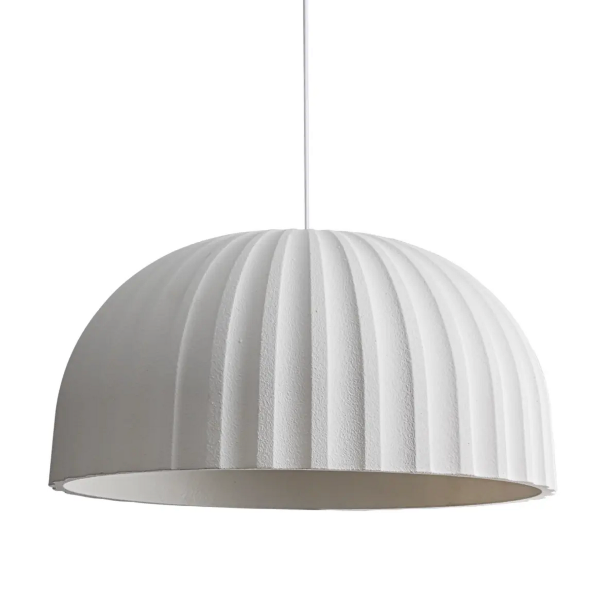 White textured pendant lamp with ribbed design on a white background