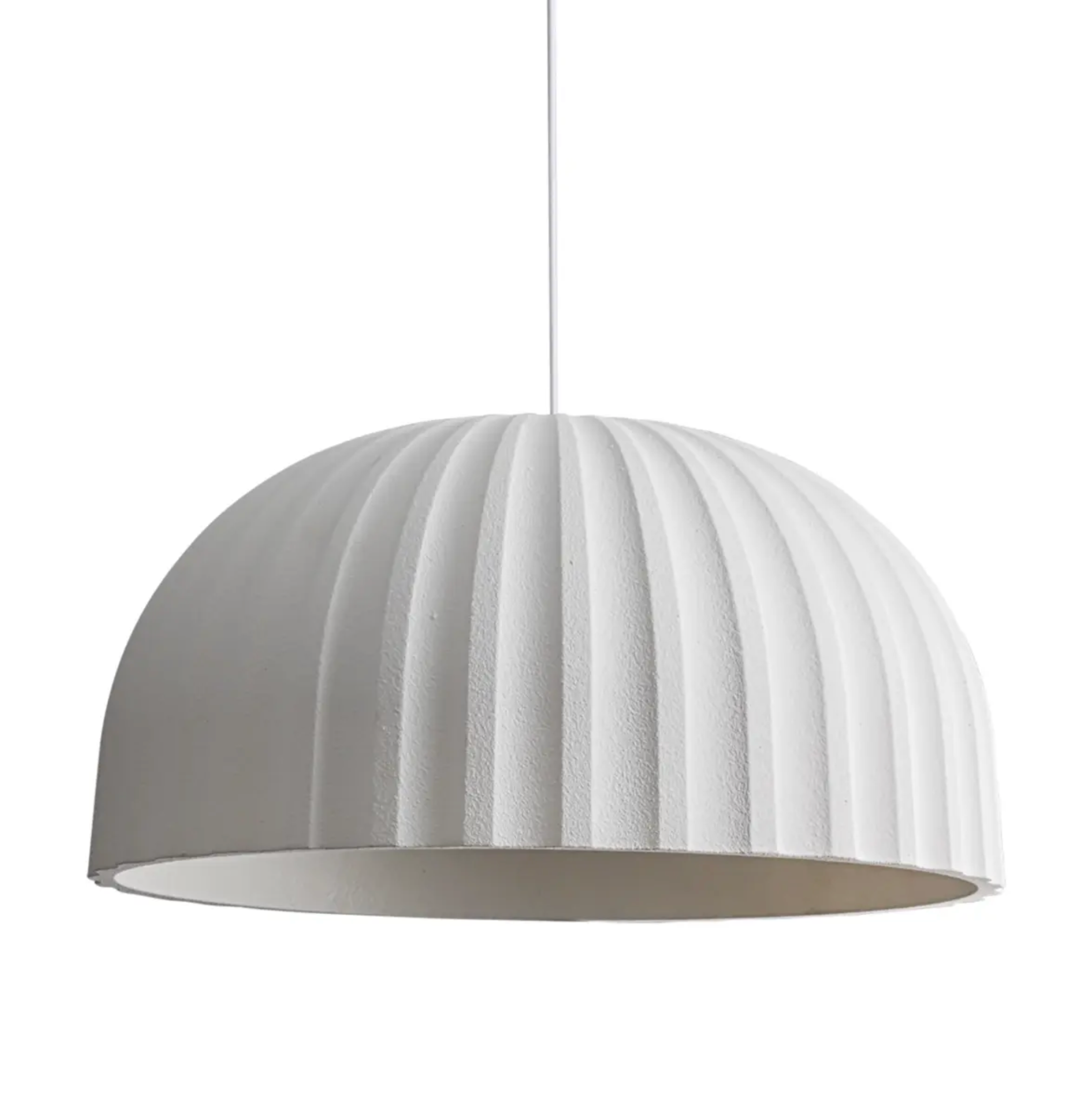 White textured pendant lamp with ribbed design on a white background