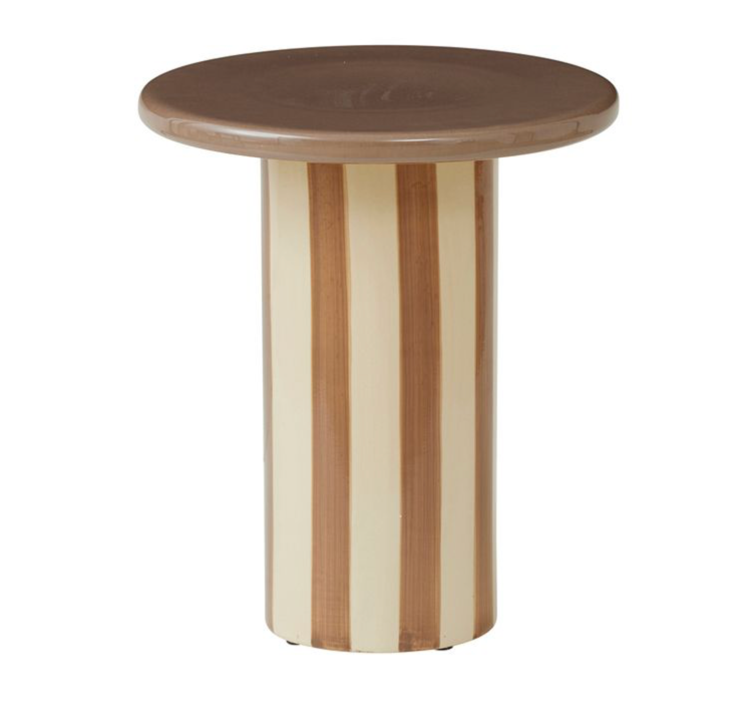 Round ceramic side table with striped design on a white background