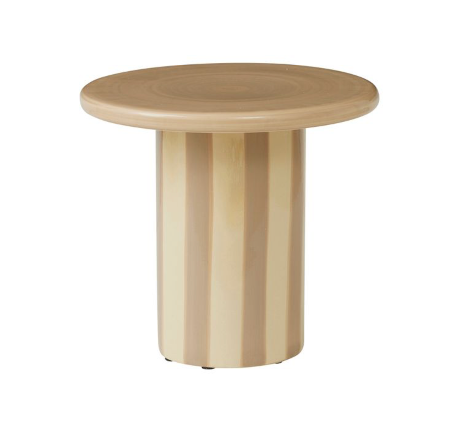 Round ceramic striped side table on a white background