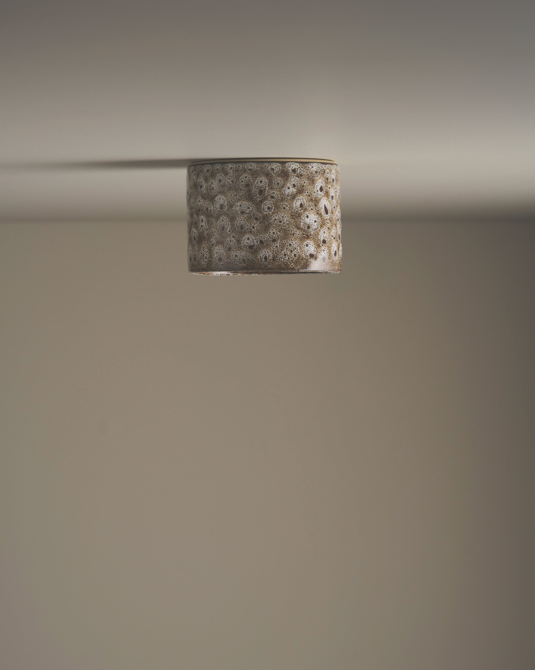 Ceramic ceiling light fixture with decorative shade on a neutral background
