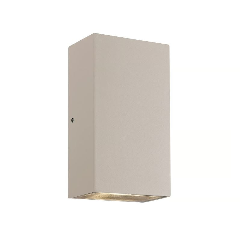 Beige outdoor wall-mounted light fixture on a white background
