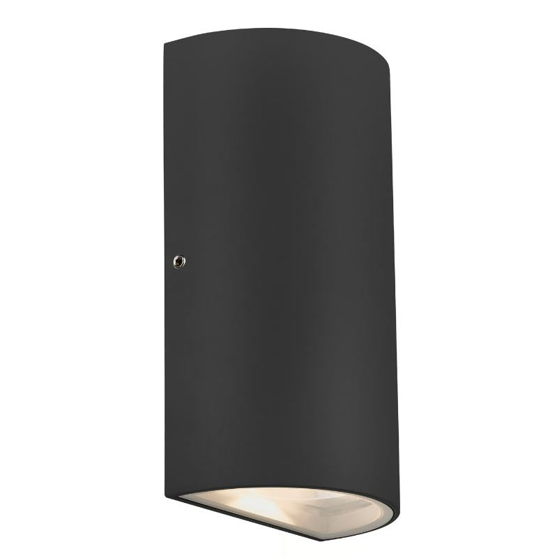 Black cylindrical outdoor wall light fixture on a white background