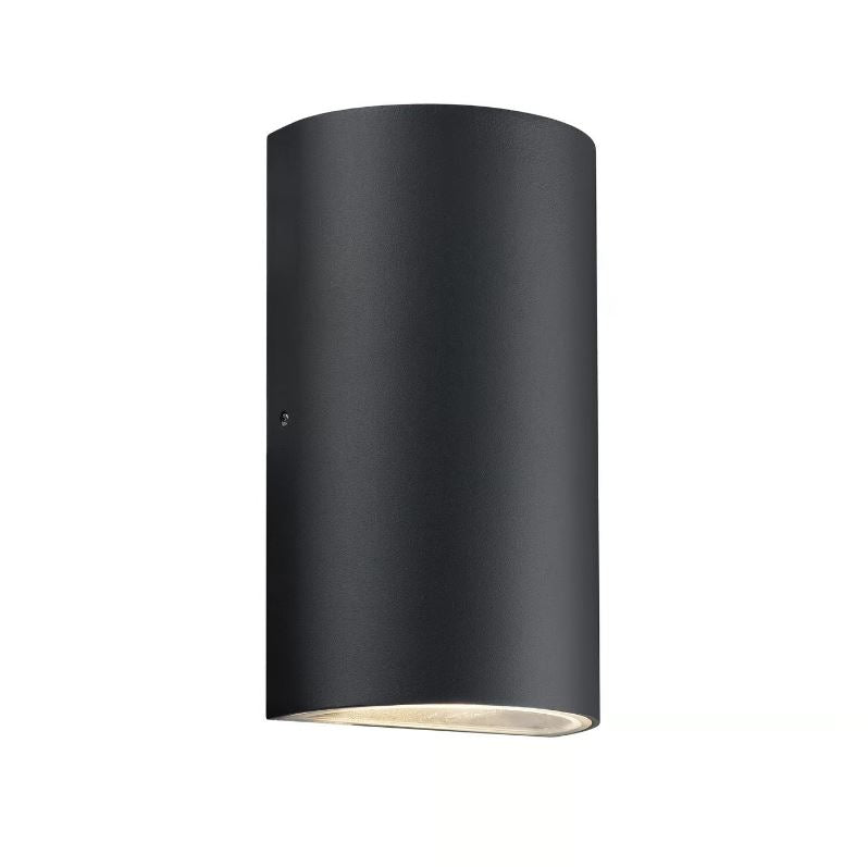 Black cylindrical wall light fixture on a white background