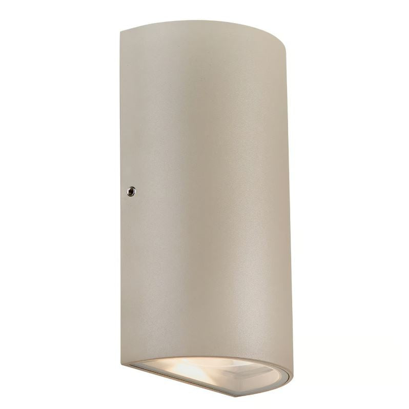 Beige cylindrical outdoor wall light fixture on a white background